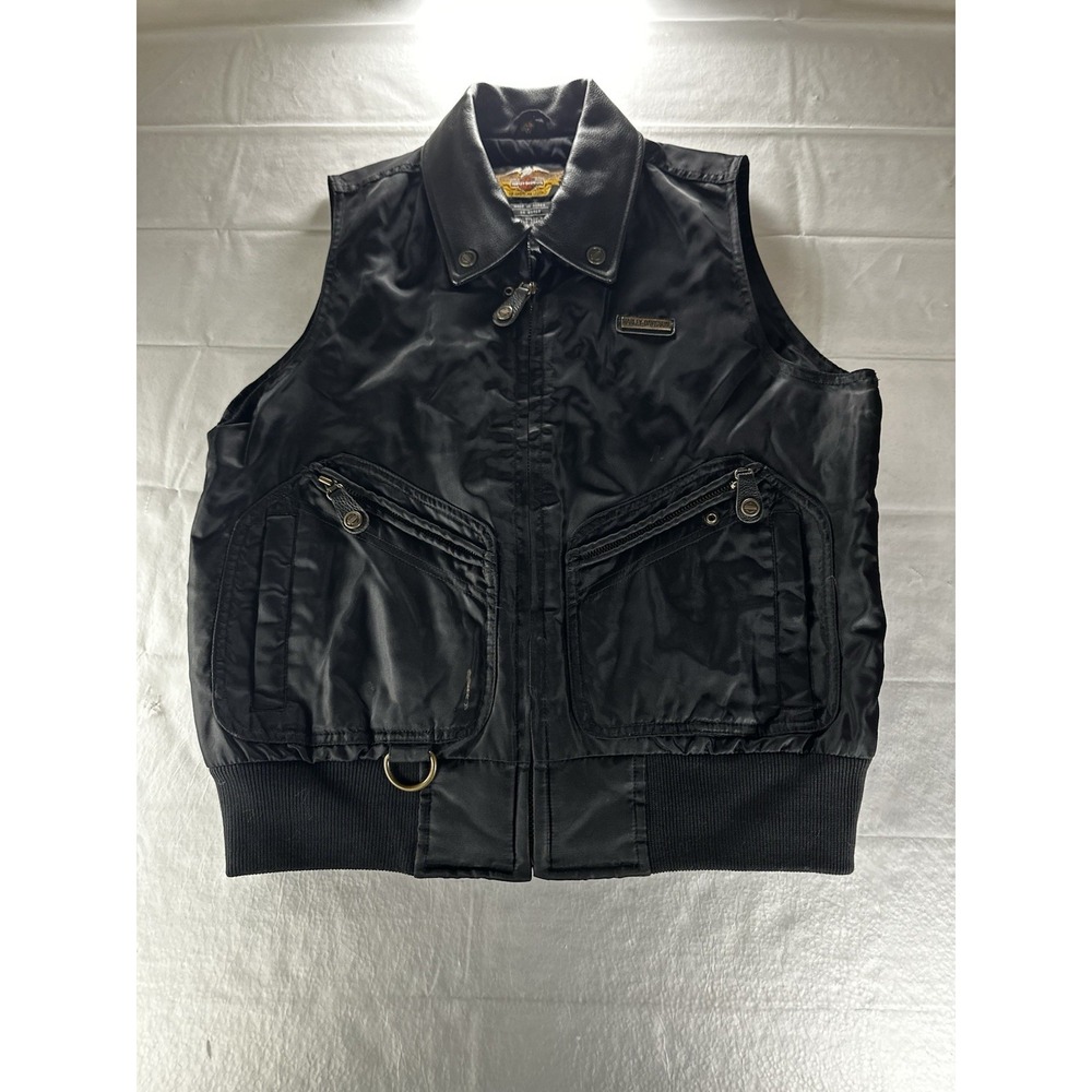 VTG Harley Davidson‎ Vest XS Black Nylon Leather Collar Biker Motorcycle Unisex